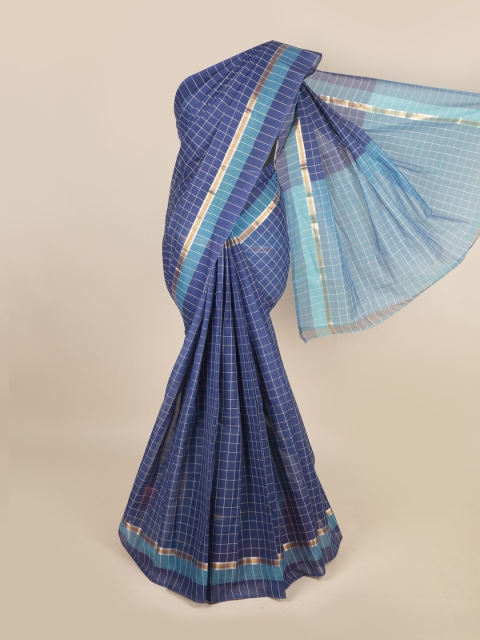 

Pothys Blue & Gold-Toned Checked Zari Pure Cotton Saree