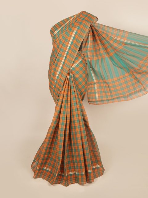 

Pothys Orange & Teal Checked Zari Pure Cotton Saree