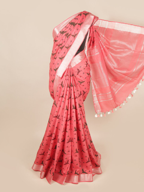 

Pothys Coral & Black Zari Linen Blend Saree