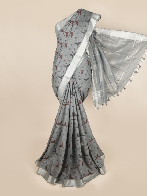 

Pothys Grey & Brown Zari Linen Blend Saree