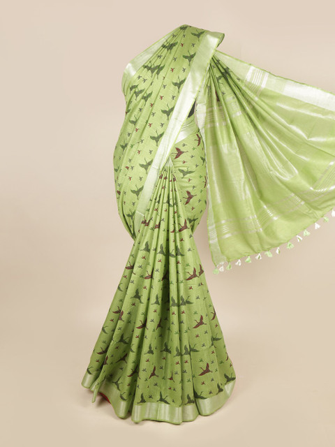 

Pothys Green & Brown Zari Linen Blend Saree