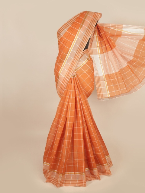 

Pothys Orange & White Checked Zari Pure Cotton Saree