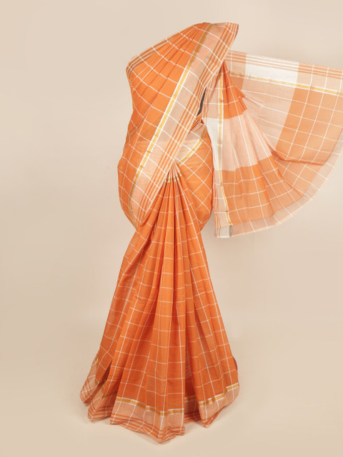 

Pothys Orange & White Checked Zari Pure Cotton Saree