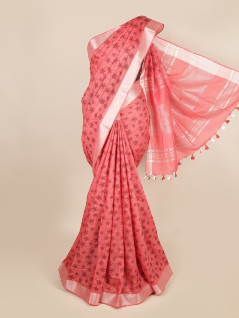 

Pothys Coral & Silver-Toned Floral Zari Linen Blend Saree