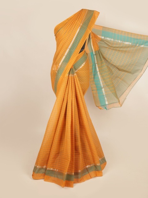 

Pothys Orange & Teal Checked Zari Pure Cotton Saree