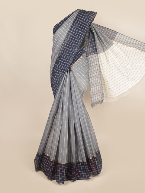

Pothys Grey & Navy Blue Striped Zari Pure Cotton Saree