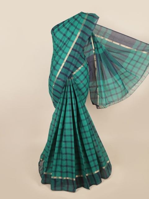 

Pothys Green & Navy Blue Checked Zari Pure Cotton Saree