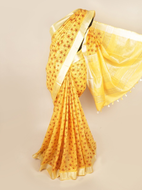 

Pothys Yellow & Maroon Floral Zari Linen Blend Saree