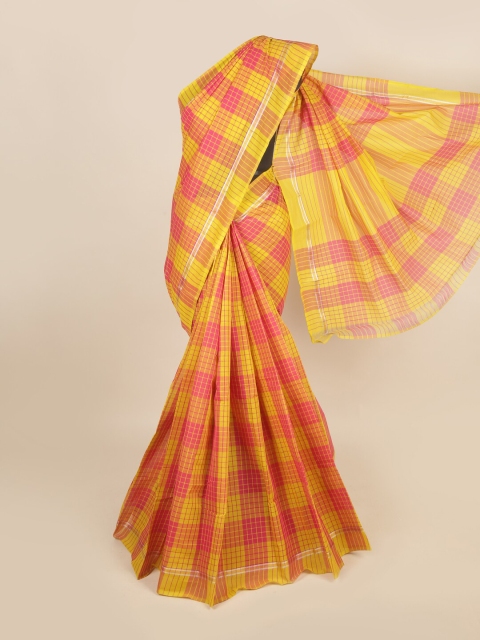 

Pothys Mustard & Pink Checked Pure Cotton Saree