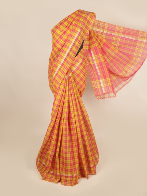 

Pothys Pink & Olive Green Checked Zari Pure Cotton Saree