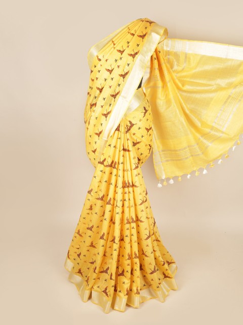 

Pothys Yellow & Brown Zari Linen Blend Saree
