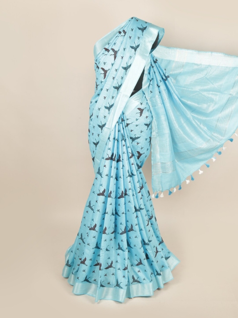 

Pothys Blue & Silver-Toned Zari Linen Blend Saree