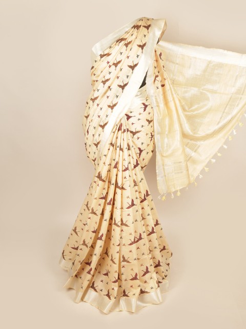 

Pothys Cream-Coloured & Brown Floral Zari Linen Blend Saree