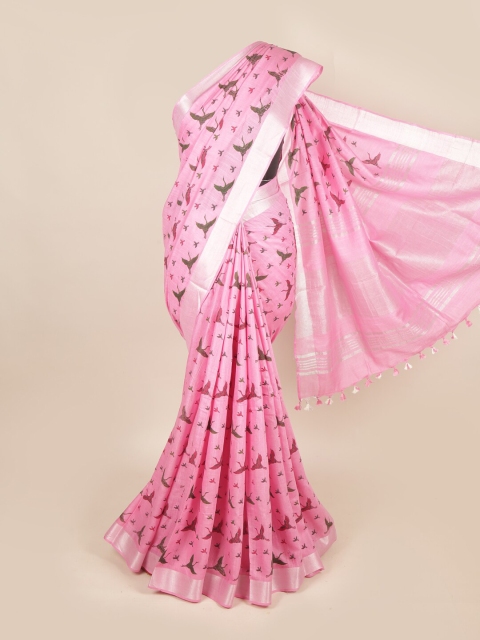

Pothys Pink & Green Ethnic Motifs Zari Linen Blend Saree