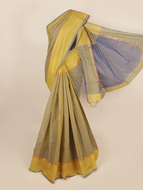 

Pothys Mustard & Blue Checked Zari Pure Cotton Saree