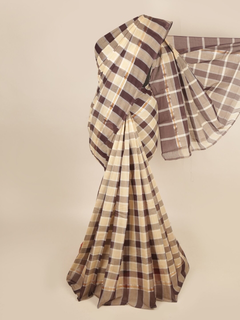 

Pothys Cream-Coloured & Brown Checked Zari Pure Cotton Saree