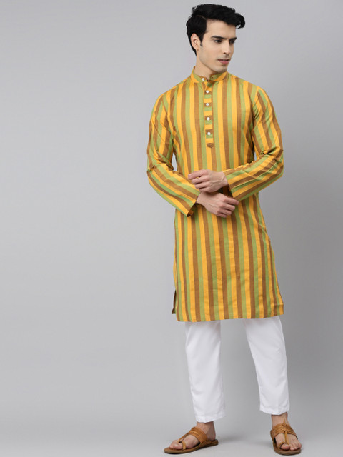 

Tulsattva Men Mustard Yellow Pure Cotton Striped Kurta with Pyjamas