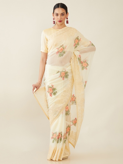 

Soch Cream-Coloured & Gold-Toned Floral Embroidered Organza Saree