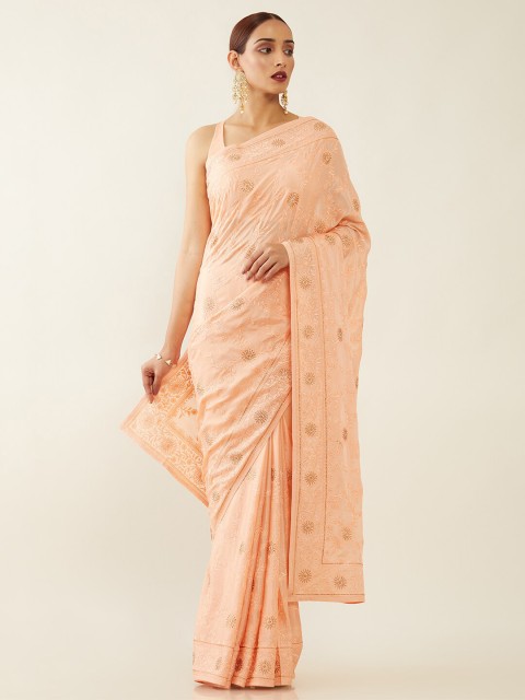 

Soch Peach-Coloured Floral Pure Chiffon Saree