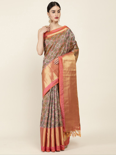 

Soch Pink & Green Ethnic Motifs Printed Zari Art Silk Saree