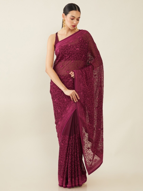 

Soch Burgundy Floral Embroidered Pure Chiffon Saree