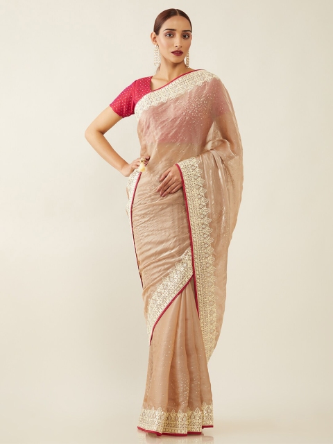 

Soch Brown & White Ethnic Motifs Embellished Organza Saree