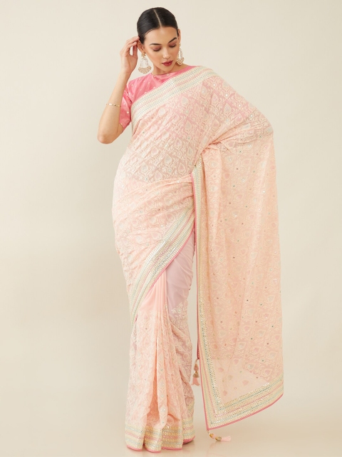 

Soch Pink & White Ethnic Motifs Embroidered Saree