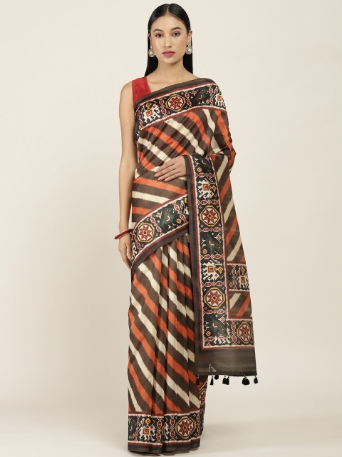 

Soch Orange & Brown Striped Silk Blend Saree