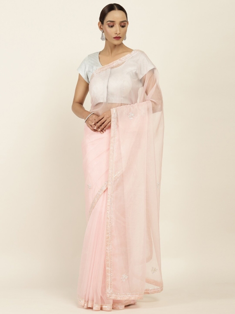 

Soch Pink & Silver-Toned Embellished Beads and Stones Pure Chiffon Saree