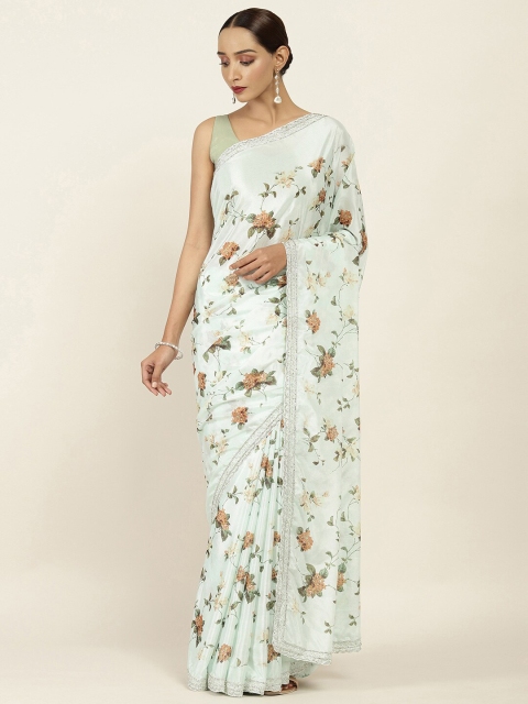 

Soch Green & Brown Floral Printed Pure Chiffon Saree
