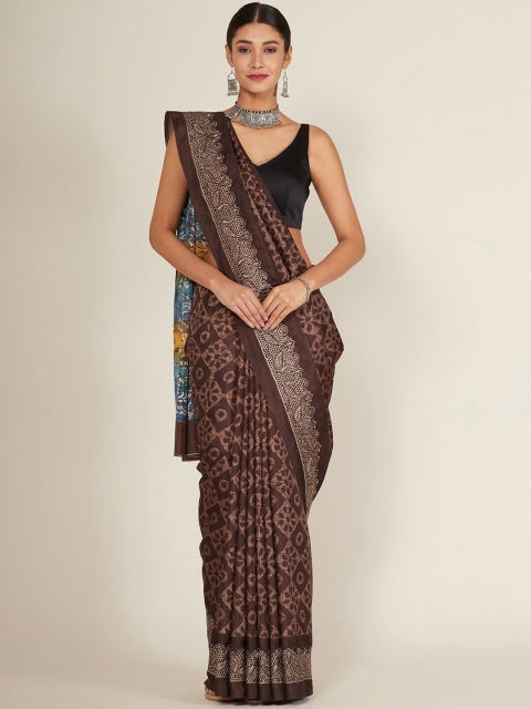 

Soch Brown & Blue Batik Printed Silk Blend Saree