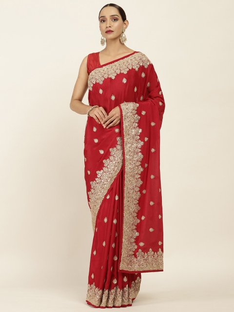 

Soch Maroon & Gold-Toned Embellished Zardozi Pure Chiffon Saree