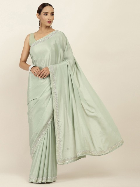 

Soch Green & Silver-Toned Floral Beads and Stones Pure Chiffon Saree