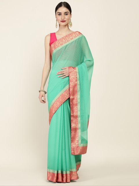 

Soch Green & Red Woven Design Zari Pure Chiffon Saree