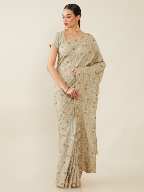 

Soch Green & Gold-Toned Floral Embroidered Beads and Stones Saree