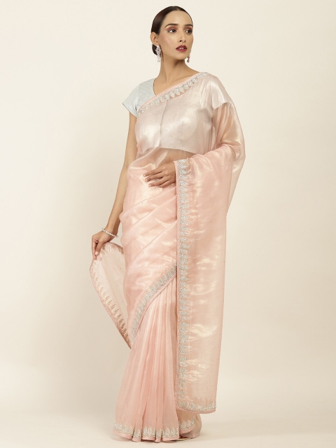 

Soch Pink & Silver-Toned Embellished Beads and Stones Net Saree