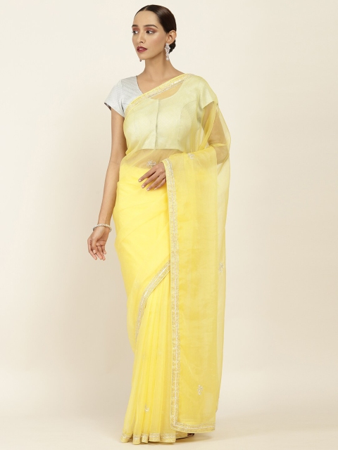 

Soch Yellow & Silver-Coloured Ethnic Motifs Beads and Stones Pure Chiffon Saree