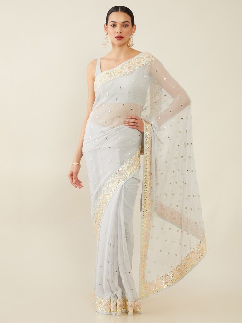 

Soch Grey & Gold-Toned Ethnic Motifs Mirror Work Saree