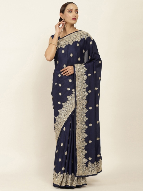 

Soch Navy Blue & Gold-Toned Ethnic Motifs Beads and Stones Pure Chiffon Saree