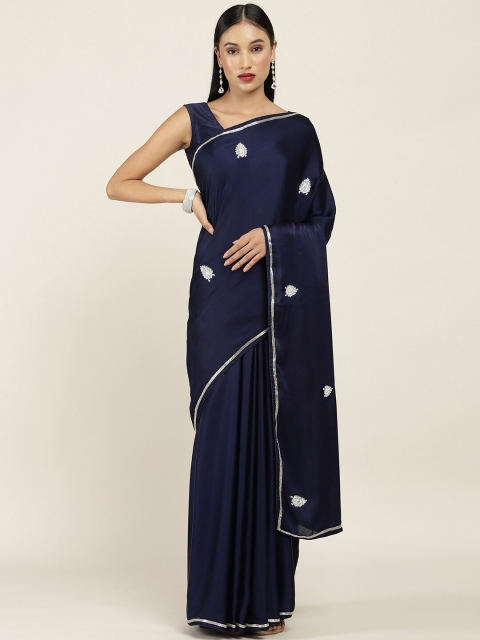 

Soch Navy Blue & Silver-Toned Ethnic Motifs Beads and Stones Embellished Crepe Saree