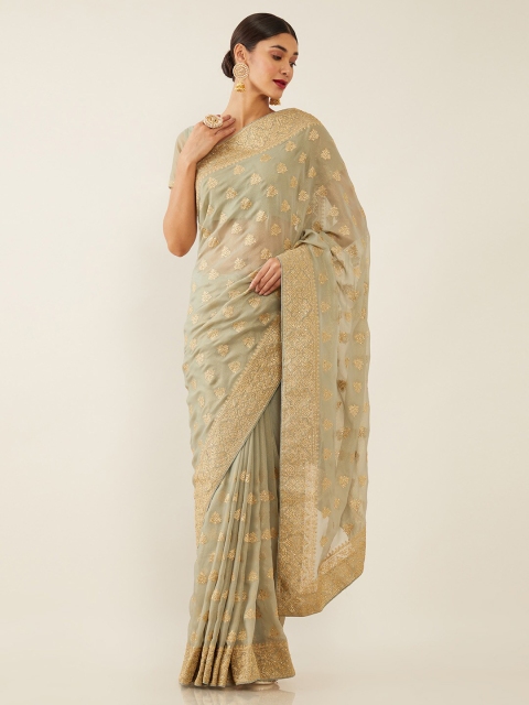 

Soch Grey & Gold-Toned Ethnic Motifs Embroidered Saree