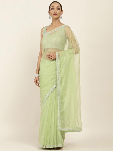 

Soch Green & Silver-Toned Floral Embroidered Organza Saree