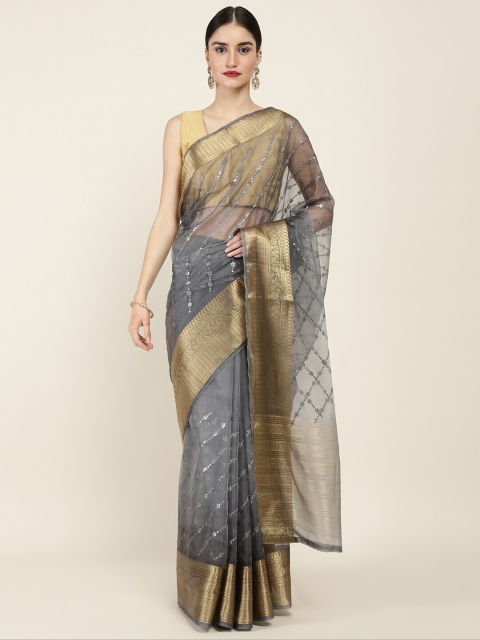 

Soch Grey & Gold-Toned Embellished Mirror Work Organza Saree