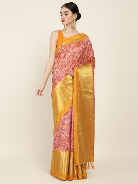 

Soch Pink & Yellow Zari Printed Art Silk Saree