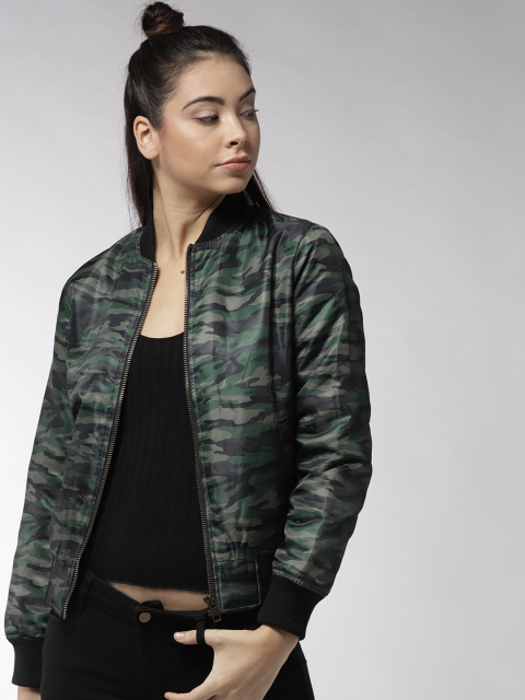 

FOREVER 21 Women Black & Green Camouflage Print Bomber Jacket