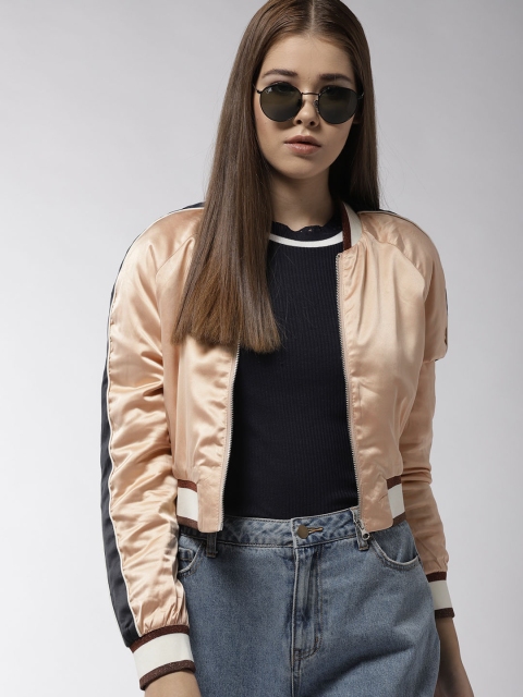 

FOREVER 21 Women Peach-Coloured Crop Bomber Jacket