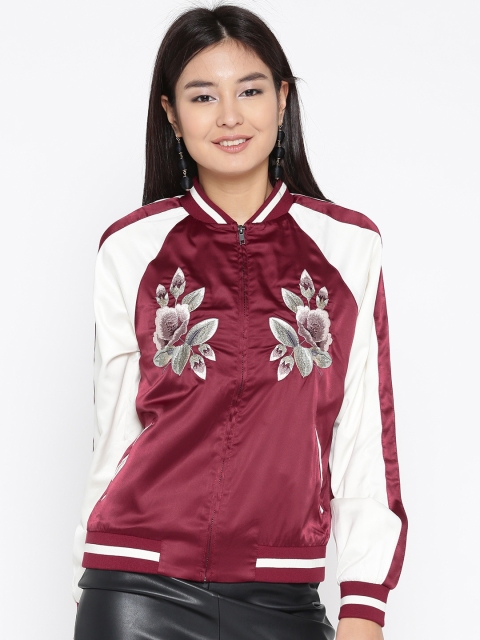 

FOREVER 21 Women Maroon & Cream-Coloured Embroidered Detail Bomber Jacket