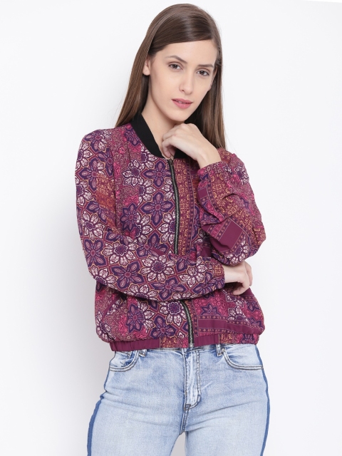 

FOREVER 21 Women Burgundy Printed Bomber Jacket
