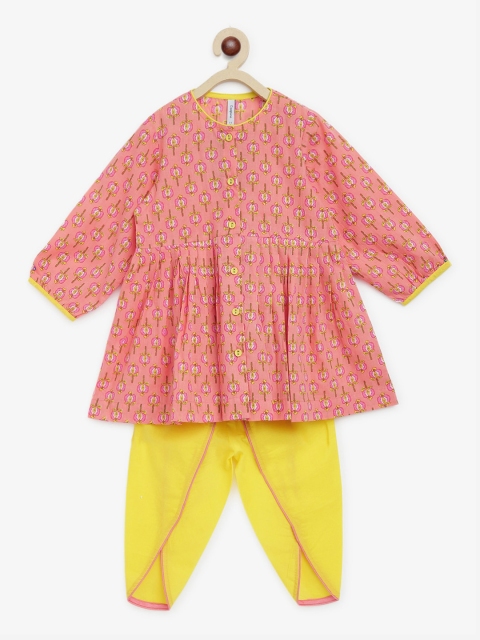 

Campana Girls Pink Ethnic Motifs Printed Angrakha Pure Cotton Kurta with Salwar