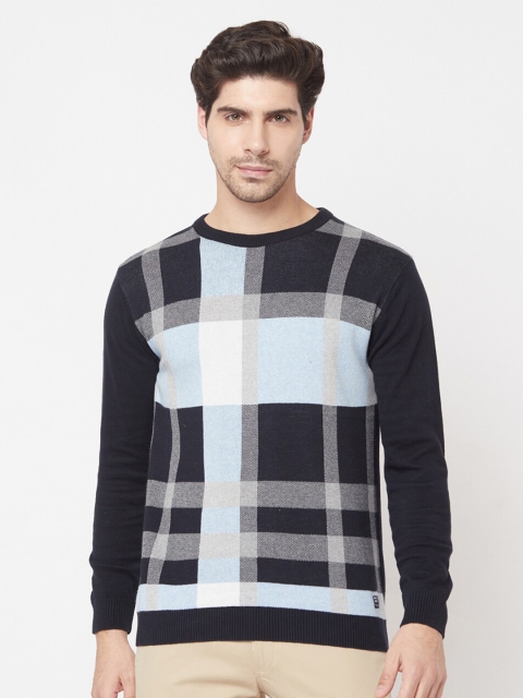 

METTLE Men Navy Blue & Grey Checked Pullover